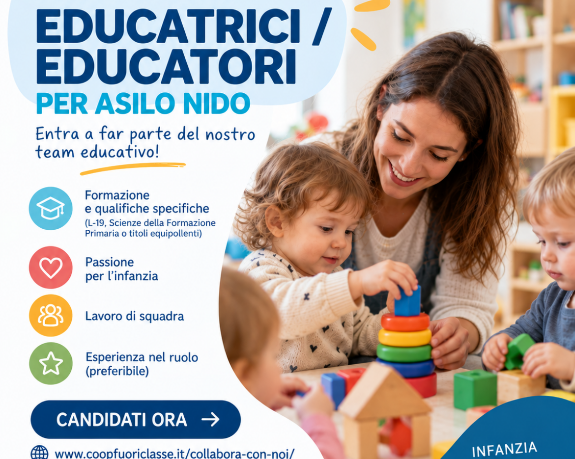 Volantino di ricerca personale della Cooperativa Fuoriclasse: educatrici ed educatori per Asilo Nido. Foto di un'educatrice che gioca con dei bambini in attività didattica, con l'invito a candidarsi su www.coopfuoriclasse.it/collabora-con-noi/.